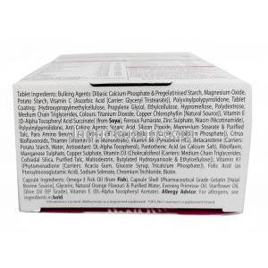 ウェルウーマンプラス,オメガ3、オメガ6、オメガ9、22種類のビタミン各種, 製造元：Vitabiotics Ltd, 箱底面情報