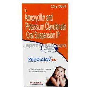 プリンシクラフ BD ドライシロップ,アモキシシリン 200mg/ クラブラン酸 28.5mg, ドライシロップ 30mL, 製造元：Macleods Pharmaceuticals Pvt Ltd, 箱表面