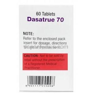 ダサトゥルー, ダサチニブ 70 mg, 60 錠, 製造元：Cipla, 箱情報, 注意事項