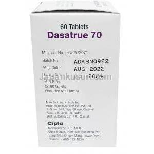 ダサトゥルー, ダサチニブ 70 mg, 60 錠, 製造元：Cipla, 箱情報,製造日, 消費期限
