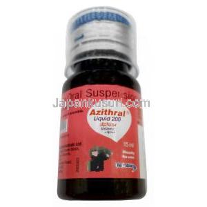 アジスラル 内服液 200, アジスロマイシン １ｍLあたり40mg, 内服液 15mL,製造元： Alembic Pharmaceuticals Ltd, ボトル表面