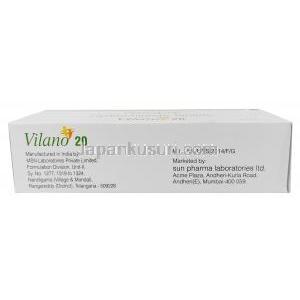 ビラノ 20, ビラゾドン 20 mg, 製造元：Sun Pharmaceutical Industries, 箱情報, 製造元