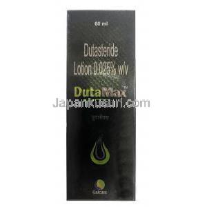 デュタマックス ローション, デュタステリド 0.025%, ローション 60mL,製造元:Galcare Pharmaceutical Pvt Ltd, 箱表面