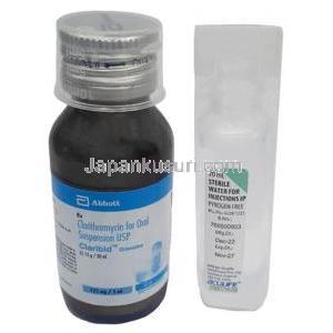 クラリビッド 経口懸濁液, クラリスロマイシン 1mLあたり 25mg,経口懸濁液用顆粒 30mL, 製造元：Abbott, ボトル, 滅菌水