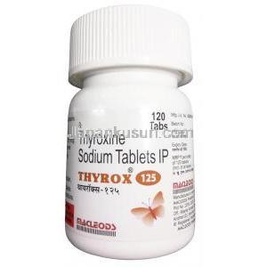 タイロックス, レボチロキシン 125mcg, 120錠, 製造元: Macleods Pharma, ボトル表面