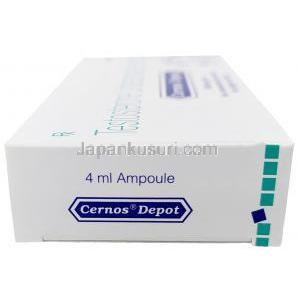 セルノス デポ注射, テストステロン 1mLあたり250mg,注射アンプル 4mL, 製造元：Sun Pharma, 箱側面