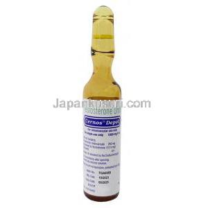 セルノス デポ注射, テストステロン 1mLあたり250mg,注射アンプル 4mL, 製造元：Sun Pharma, アンプル表面