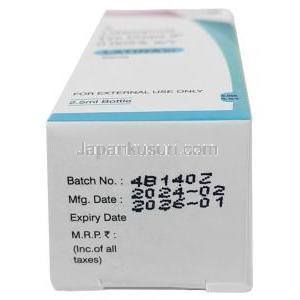 ラティーナ RT 点眼薬, ラタノプロスト  0.005% w/v, 点眼薬 2.5mL, 製造元：Zydus Cadila,箱情報, 製造日, 消費期限