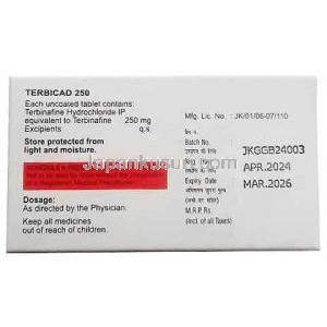 テルビカド, テルビナフィン 250 mg, 7 錠, 製造元：Cadila Pharmaceuticals Ltd, 箱情報