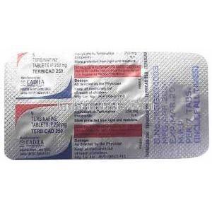 テルビカド, テルビナフィン 250 mg, 7 錠, 製造元：Cadila Pharmaceuticals Ltd, 箱表面