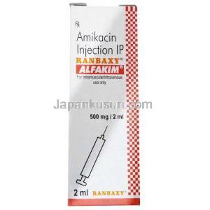 アルファキム注射, アミカシン 500mg,注射バイアル 2 mL,製造元： Ranbaxy, 箱表面