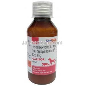 ガリボール ペット用経口懸濁液,ウルソデオキシコール酸 125 mg, ペット用経口懸濁液 100 mL, 製造元： SAVA Healthcare Limited, ボトル表面