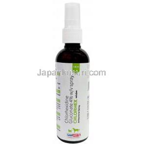 クロルヘックス 抗菌スプレー, グルコン酸クロルヘキシジン 4%, スプレー 100mL, 製造元：Sava healthcare, ボトル表面