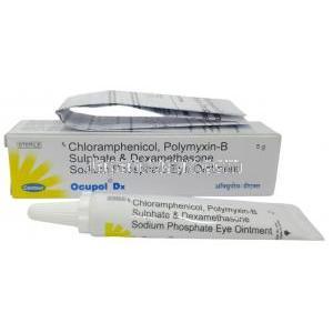 オキュポルDX 眼軟膏, クロラムフェニコール10mg/デキサメタゾン1mg/ポリミキシンB10000IU,眼軟膏 5 g, 製造元：Centaur Pharmaceuticals Pvt Ltd,箱, チューブ, 商品説明書