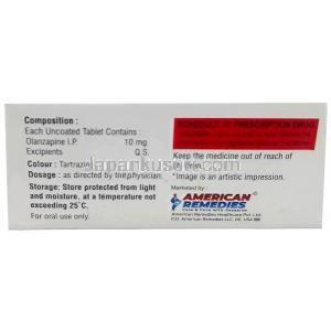 オラナ 10, オランザピン 10 mg, 製造元：American Remedies,箱情報, 成分