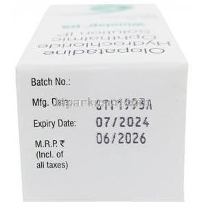 ウィノラップ DS 点眼薬, オロパタジン 0.2%, 点眼薬 2.5 mL, 製造元：Sun Pharmaceutical Industries, 箱情報, 製造日, 消費期限