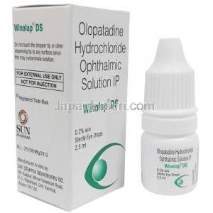 ウィノラップ DS 点眼薬, オロパタジン 0.2%, 点眼薬 2.5 mL, 製造元：Sun Pharmaceutical Industries, 箱, ボトル