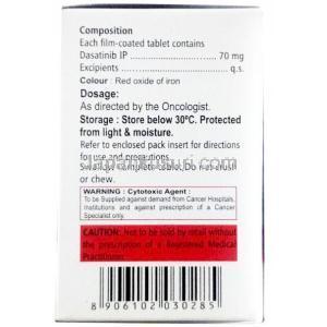 ダサカスト, ダサチニブ 70 mg, 60錠, 製造元：Aprazer, 箱情報,成分