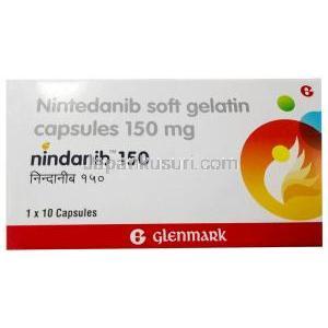 ニンダニブ 150, ニンテダニブ 150mg, 製造元：Glenmark Pharmaceuticals, 箱表面