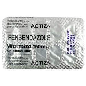 ワーミザ 150, フェンベンダゾール 150 mg, 製造元：Actiza Pharmaceutical Pvt. Ltd.,シート情報