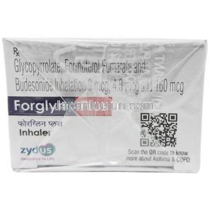 ホルグリンプラス インヘラー, グリコピロニウム 9mcg /フォルモテロール 4.8mcg /ブデソニド 160mcg 120 MD インヘラー（フロンガス不使用）, 製造元：Zydus Healthcare, 箱上面