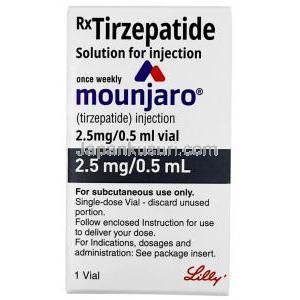 ムンジャロ注射, チルゼパチド 0.5 ｍL あたり2.5 mg, バイアル 0.5 mL,製造元： イーライリリーインド, 箱表面