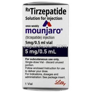 ムンジャロ注射, チルゼパチド 0.5 ｍL あたり2.5 mg, バイアル 0.5 mL,製造元： イーライリリーインド, 箱表面