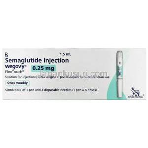 ウゴービ, セマグルチド 0.25 mg, ペン型注射 (コンビパック)  4回分, 1.5 mL, 製造元：ノボノルディスクファーマインド, 箱表面