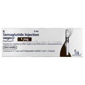 ウゴービ, セマグルチド 1 mg, ペン型注射 (コンビパック)  4回分, 3 mL, 製造元：ノボノルディスクファーマインド, 箱表面
