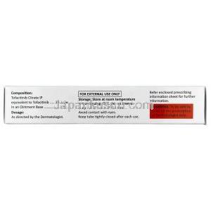 ジャクオート軟膏, トファシチニブ 2%, 軟膏 20 g, 製造元：Eris Oaknet Healthcare Pvt Ltd, 箱情報, 成分, 注意事項