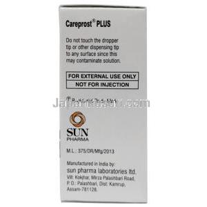 ケアプロストプラス 点眼薬, ビマトプロスト0.03%/ チモロール 0.5%  点眼薬  3 mL, 製造元：Sun Pharma, 箱情報, 製造元情報