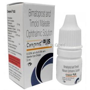 ケアプロストプラス 点眼薬, ビマトプロスト0.03%/ チモロール 0.5%  点眼薬  3 mL, 製造元：Sun Pharma, 箱表面