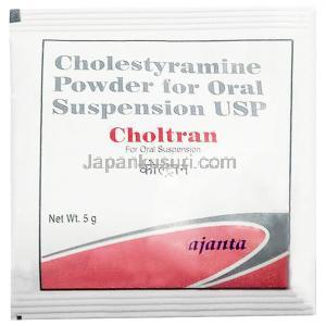 コルトラン, コレスチラミン4 g, 細粒 5 g, 製造元：Ajanta Pharma Limited, 袋表面.