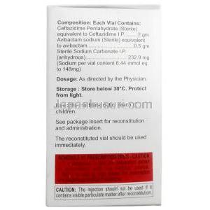 ゼフタバック注射,セフタジジム2000mg/ アビバクタム500mg, 注射バイアル 20 mL,製造元：,Lupin Ltd, 箱情報, 成分, 注意事項
