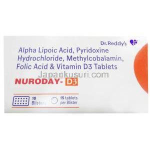 ヌロデイ D3, メチルコバラミン(メコバラビン) 1500mcg/ α-リポ酸 100mg/ ピリドキシン(ビタミンB6) 3mg/ ビタミンD3 1000IU/ 葉酸 1.5mg, 15錠 (Dr. Reddy's社製), 製造元：Dr. Reddy's, 箱表面