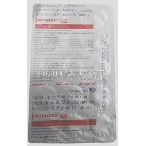 ヌロデイ D3, メチルコバラミン(メコバラビン) 1500mcg/ α-リポ酸 100mg/ ピリドキシン(ビタミンB6) 3mg/ ビタミンD3 1000IU/ 葉酸 1.5mg, 15錠 (Dr. Reddy's社製), 製造元：Dr. Reddy's, シート情報
