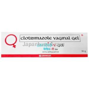 カンディッド V ジェル, クロトリマゾール 2% ww, ジェル 30 g, 製造元：Glenmark Pharmaceuticals, 箱表面