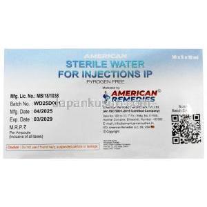 滅菌注射用水 (パイロジェンフリー) 10 mL X 5本, 製造元：American Remedies, 箱情報, 製造日, 消費期限