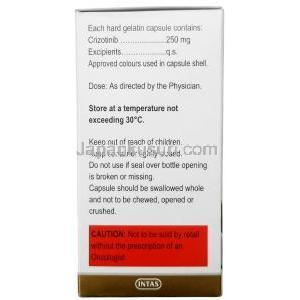 アルクロスワン, クリゾチニブ 250 mg, 60カプセル(1ボトル),製造元： Intas Pharmaceuticals Ltd, 箱情報, 成分, 保管方法