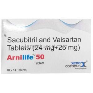 アーニライフ 50, サクビトリル 24mg/ バルサルタン 26mg 14錠,製造元：Xena Coronus Health Care Pvt Ltd, 箱表面