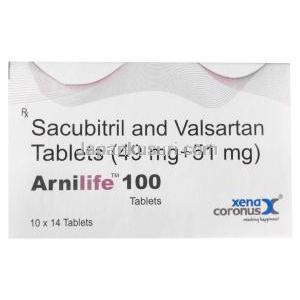 アーニライフ 100, サクビトリル 49mg/ バルサルタン 51mg 14 錠, 製造元：Xena Coronus Health Care Pvt Ltd, 箱表面