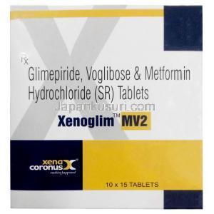 ゼノグリム MV２,グリメピリド 2 mg/ メトホルミン 500 mg/ ボグリボース 0.2 mg , 製造元：Xena Coronus Health Care Pvt Ltd, 箱表面