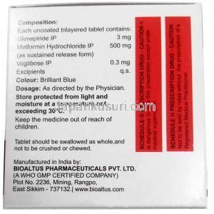 ゼノグリム MV3,グリメピリド 3 mg/ メトホルミン 500 mg/ ボグリボース 0.2 mg , 製造元：Xena Coronus Health Care Pvt Ltd, 箱情報