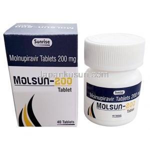 モルサン 200, モルヌピラビル 200 mg,40錠, 製造元：Sunrise Remedies, 箱, ボトル