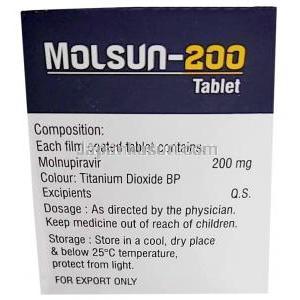 モルサン 200, モルヌピラビル 200 mg,40錠, 製造元：Sunrise Remedies, 箱情報, 成分, 保管方法