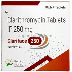 クラリフェイス 250, クラリスロマイシン  250 mg,製造元：Healing Pharma India Pvt Ltd, 箱表面