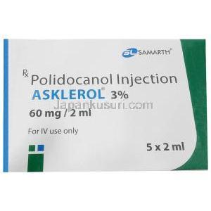 アスクレロール注射,ポリドカノール 3%, 5X アンプル 2mL, 製造元：Samarth Life Sciences, 箱表面