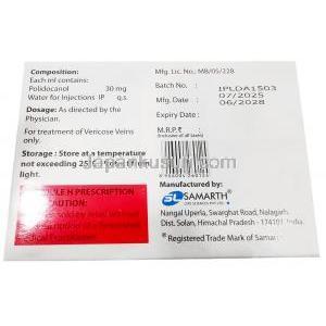 アスクレロール注射,ポリドカノール 3%, 5X アンプル 2mL, 製造元：Samarth Life Sciences, 箱情報