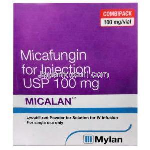 ミカラン 注射, ミカファンギン 100 mg, バイアル, 製造元：Mylan Pharmaceuticals Pvt Ltd, 箱表面