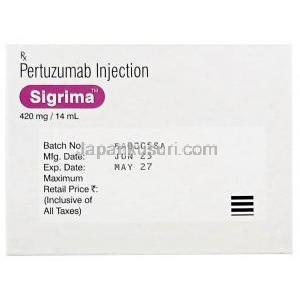 シグリマ 静脈点滴液, ペルツズマブ 420mg (14mLあたり),バイアル 14 mL, 製造元：Zydus Lifesciences, 箱情報